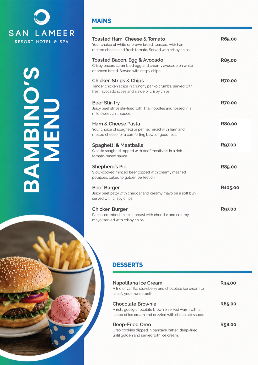 SLH Bambino Menu | San Lameer Hotel Restaurant