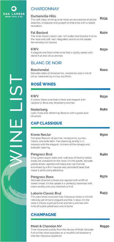 SLH Wine List | San Lameer Hotel Restaurant