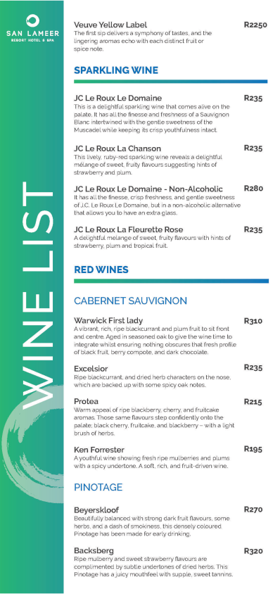 SLH Wine List | San Lameer Hotel Restaurant