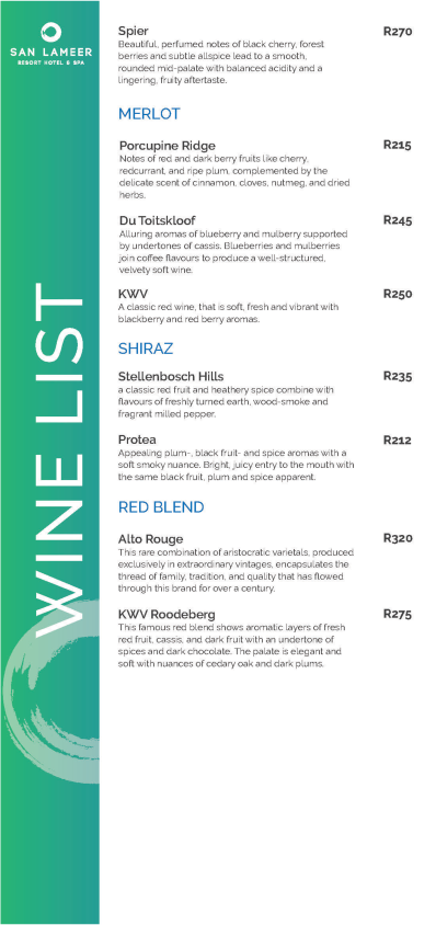 SLH Wine List | San Lameer Hotel Restaurant